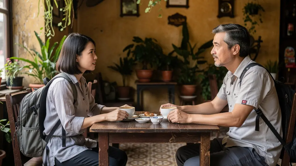 Guide francophone discutant avec voyageur dans café de Hanoi