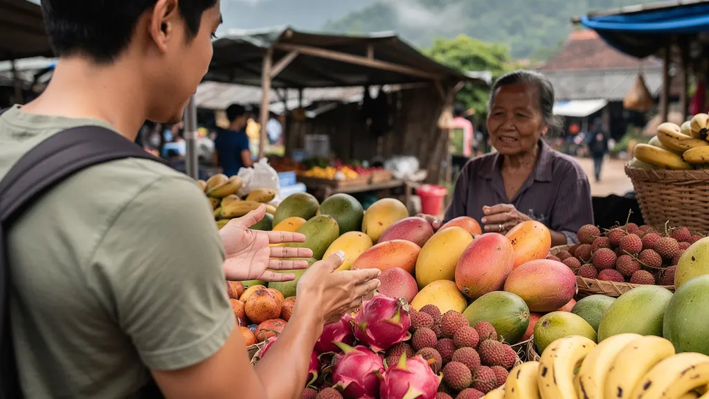 Voyageur découvrant un marché ethnique au Vietnam avec guide local