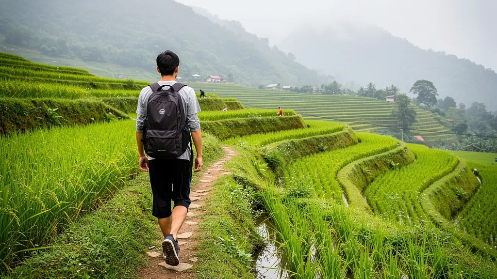 Voyageur contemplant les rizières en terrasse du Nord Vietnam (agence locale vietnam)